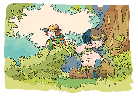 森の中で泣いている男の子を見つけるイロのイラスト